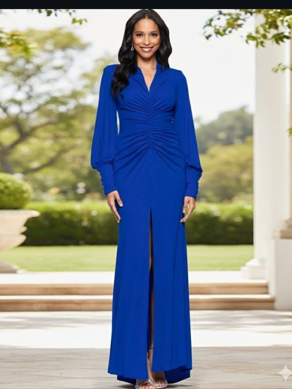NWT Betsy & Adam Petite 8P Royal Blue Ruched Maxi Dress Long Sleeve Formal Gown